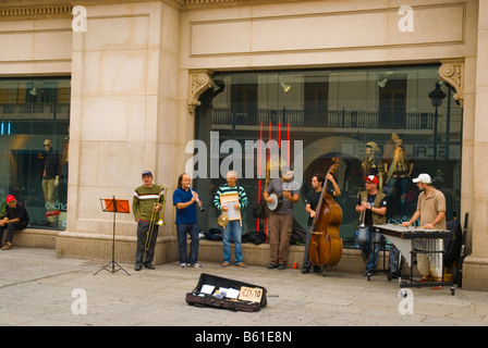 Buskers along Avinguda Portal de L Angel in Barri Gotic in Barcelona Spain Europe Stock Photo