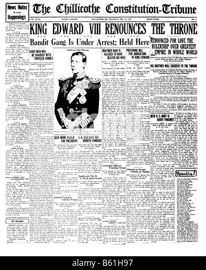 Front page of a US Newspaper telling of the abdication of Edward 8th in 1936 Stock Photo