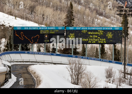 Bobsled scoreboard sign with track map, Utah Olympic Park, Park City, Utah. Stock Photo