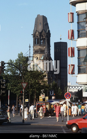 Berlin, Germany. Street scene in Berlin, The Kurfestendam, showing the Wilhelm Kirche. It has evoved into a very modern city. Stock Photo
