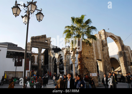 Remains of the west gate of the Roman Jupiter Temple to Jupiter, today the entrance to the souk, in the historic city centre of Stock Photo