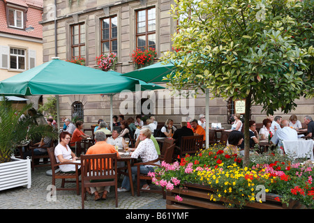 Outdoor dining in Ratskeller Restaurant, Bad Kissingen, Rhoen, Lower Franconia, Bavaria, Germany, Europe Stock Photo