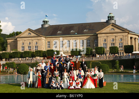 Group photo of people wearing historical costumes in Rosengarten, Rákóczi-Fest festival, Bad Kissingen, Rhoen, Lower Franconia, Stock Photo