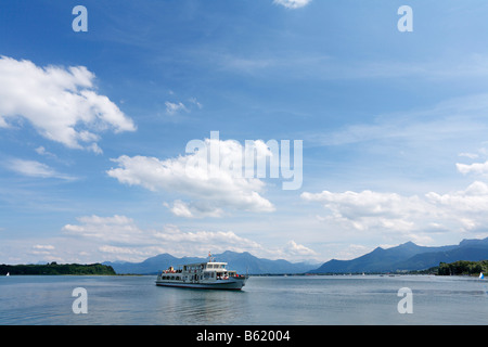 Pleasure boat on Lake Chiemsee, seen from Prien, Chiemgau, Upper Bavaria, Germany, Europe Stock Photo