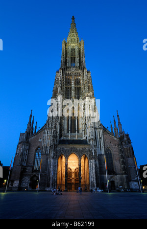 Ulm Minster, illuminated main door, Ulm, Baden-Wuerttemberg, Germany, Europe