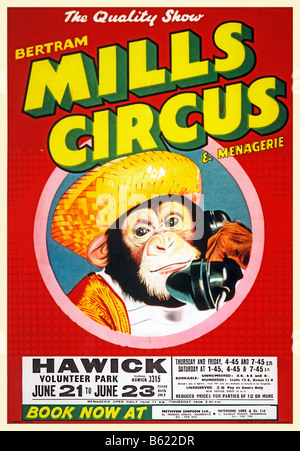 Bertram Mills Circus Chimp 1950s poster for the English circus and their visit to Hawick in Scotland Stock Photo