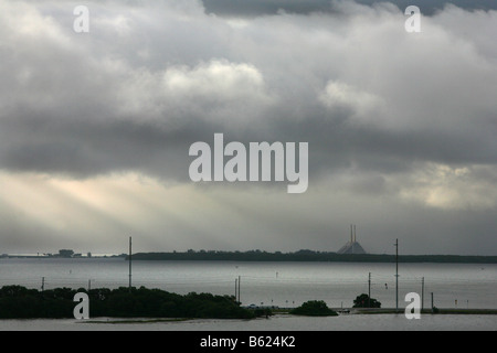 A view from St Petes Beach over to the Sunshine Skyway bridge as a storm comes in during the hurricane season Stock Photo