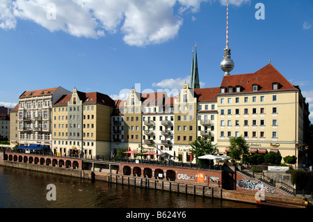 Nikolaiviertel, Nikolai Quarter, from the Spree River side, in front of the Fernsehturm, television tower, Berlin, Germany, Eur Stock Photo
