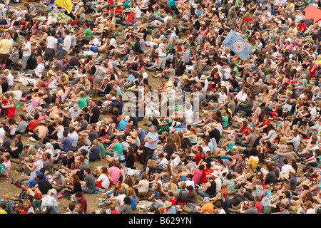 Glastonbury pop Festival June 2008 aerial view of music fans crowd audience in the Park area  of the festival site