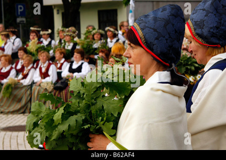 Folklore group in traditional costume during the mid-summer festival in Jurmala, Latvia, Baltic Countries Stock Photo