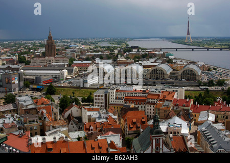 Aerial photograph of the historic city centre of Riga with market halls, Latvian Academy of Sciences, known as Stalins Birthday Stock Photo