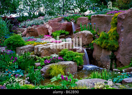 Colorful Alpine water garden in summer Stock Photo