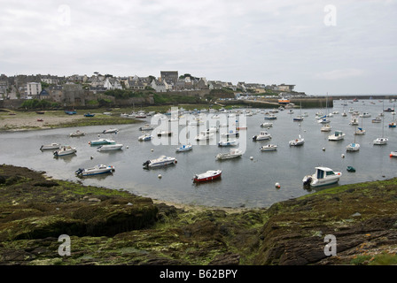Boats in the harbour and the houses of Le Conquet, once a pirates port, Brittany, France, Europe Stock Photo