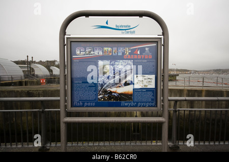 Display Board on view for information about Salmon Pass in Cardiff Barrage, Wales, United Kingdom Stock Photo