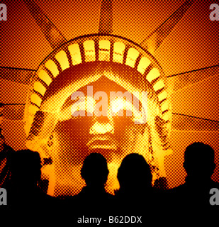 Statue of Liberty closeup projection digitally altered viewed by students Stock Photo