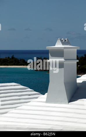 Close-up of Architectural roof details of these typical Bermudan houses in St George's Parish near St David's Lighthouse. Stock Photo