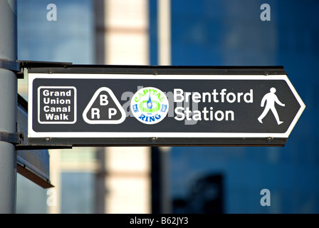 sign for capital ring, grand union canal walk and brentford station, on the great west road, or A4, west london, england Stock Photo