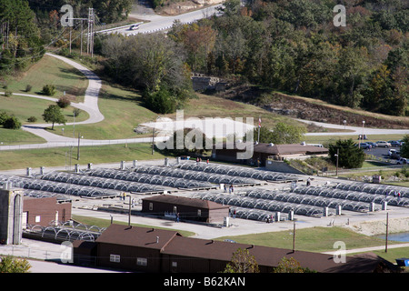 Aerial view of the Shepherd of the Hills Fish Hatchery that raises trout for sport fishing in the surrounding lakes in Missouri Stock Photo