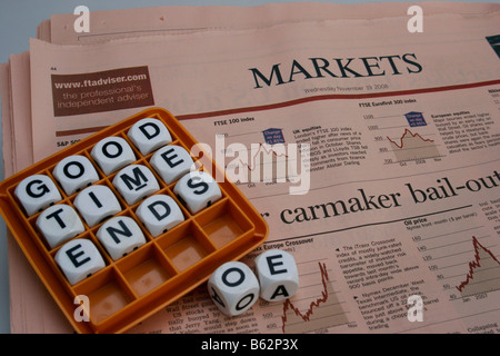 Game words arranged to state 'Good time ends' on the markets page of the Financial Times news paper Stock Photo