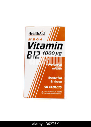 Branded Packaging Od Health Aid Vitamin B12 Pills Or Tablets Suitable For Vegans Or Vegetarians Isolated Against A White Background With No People Stock Photo