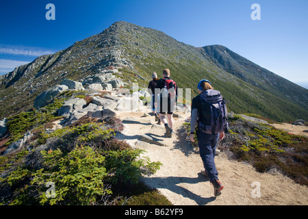 Hikers on the Appalachian Trail climbing Mt Katahdin, Baxter State Park, Maine, USA. Stock Photo