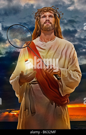 Jesus Christ holding a racket Stock Photo