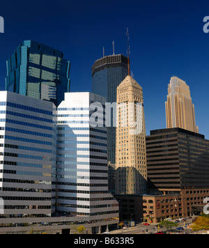 Kinnard Financial Center and AT T and IDS and Foshay and TCF Towers and Wells Fargo in Minneapolis cityscape Minnesota USA with blue sky Stock Photo