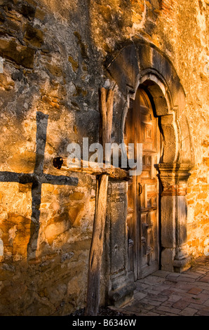 San Antonio Missions, Espada  (AKA Mission San Francisco de la Espada) archway entrance, State Historic Site in morning light Stock Photo