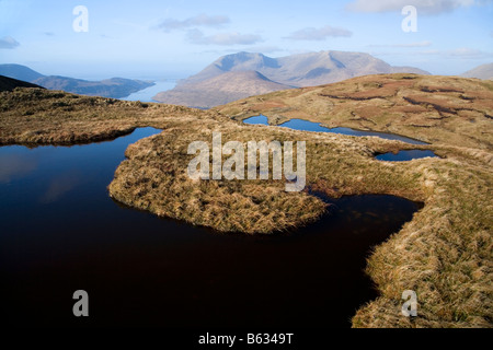 View over Killary Harbour from Leenaun Hill, Maumturk Mountains, Connemara, County Galway, Ireland. Stock Photo