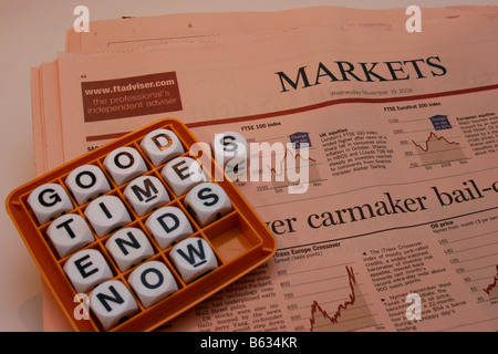 Game words arranged to state 'Good times ends now' on the markets page of the Financial Times news paper Stock Photo
