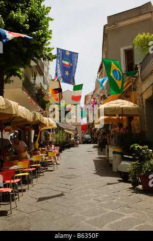 Sidewalk cafe in a street, Via Padre Reginaldo Giuliani, Sorrento, Sorrentine Peninsula, Naples Province, Campania, Italy Stock Photo