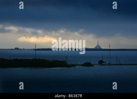 A view from St Petes Beach over to the Sunshine Skyway bridge as a storm comes in during the hurricane season Stock Photo