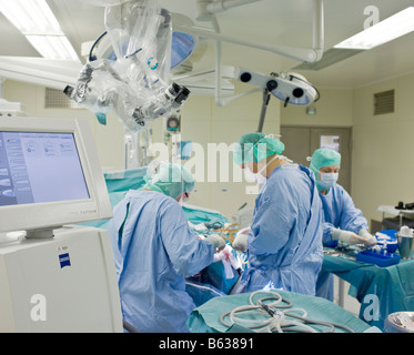 Neurosurgeons removing a benign brain tumor, Reykjavik, Iceland Stock Photo