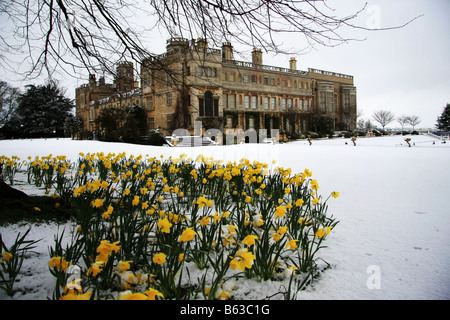 Castle Ashby on a snowy day in Spring Stock Photo