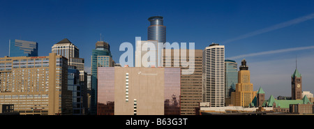 Panorama of downtown cityscape of Minneapolis Minnesota USA with highrise buildings and towers Stock Photo