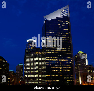 Indigo sky night cityscape of downtown Minneapolis Minnesota USA highrise tower lights at dusk Stock Photo