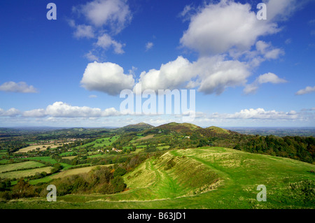 North view from British Camp along the hilly landscape of the Malvern Hills Stock Photo