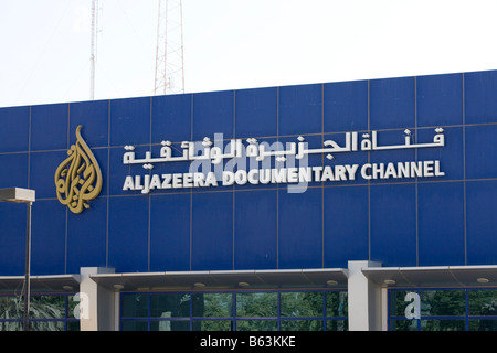 Al Jazeera headquarters Arabic documentary cable television sign Stock Photo