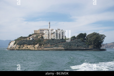 Alcatraz Island and prison, San Francisco Bay, seen from boat departing the island. Stock Photo