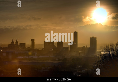 The city skyline Liverpool in the early evening autumn sunset seen from Everton Park. Stock Photo