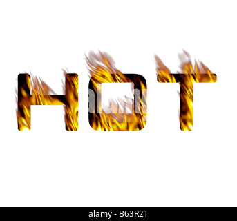 the word hot engulfed in flames it can be used to denote something as popular or even warm weather conditions Stock Photo