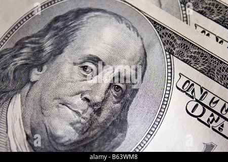 A closeup of the new 100 dollar bill picturing Benjamin Franklin It s all about the Benjamins Stock Photo