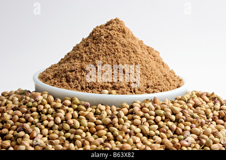 Piles of Dhania (Coriander seed), with Bowl full of Dhania Powder (Coriander Powder). Stock Photo