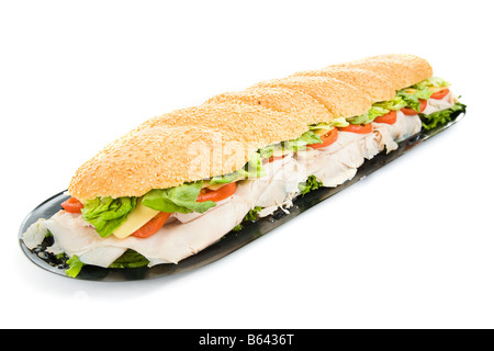 Giant three foot turkey submarine sandwich isolated on white background Stock Photo