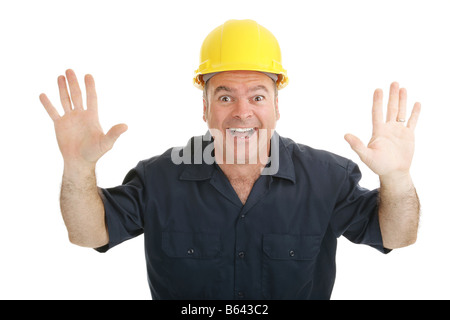 Enthusiastic constrictuon worker throwing up his hands in excitement Isolated on white Stock Photo
