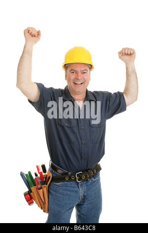 Construction worker throwing his arms up in joy Isolated on white Stock Photo