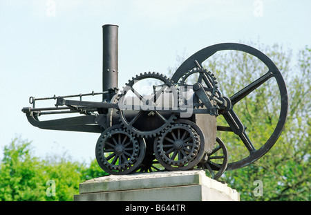 Merthyr Tydfil, Wales, UK. Replica of first steam engine track locomotive. Designed by Trevithick for Penydarren ironworks Stock Photo