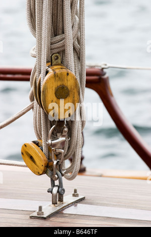 Blocks and ropes on the ancient sailboat Stock Photo 