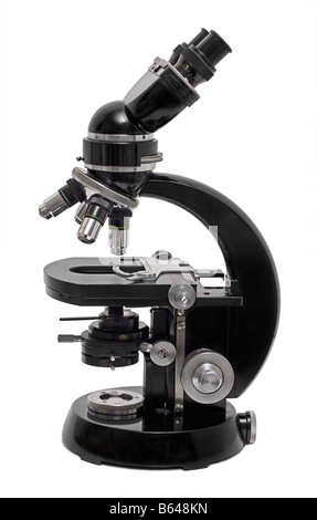 Carl Zeiss vintage GFL compound microscope with Optivar and binocular head, white background Stock Photo