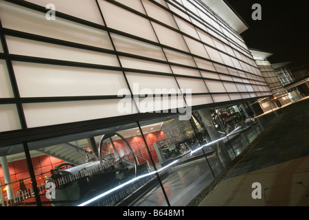 City of Swansea, South Wales. Night view of the National Waterfront Museum in the Maritime Quarter of Swansea Marina. Stock Photo